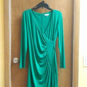 Calvin Klein long sleeved, size 10, green dress with ruching.